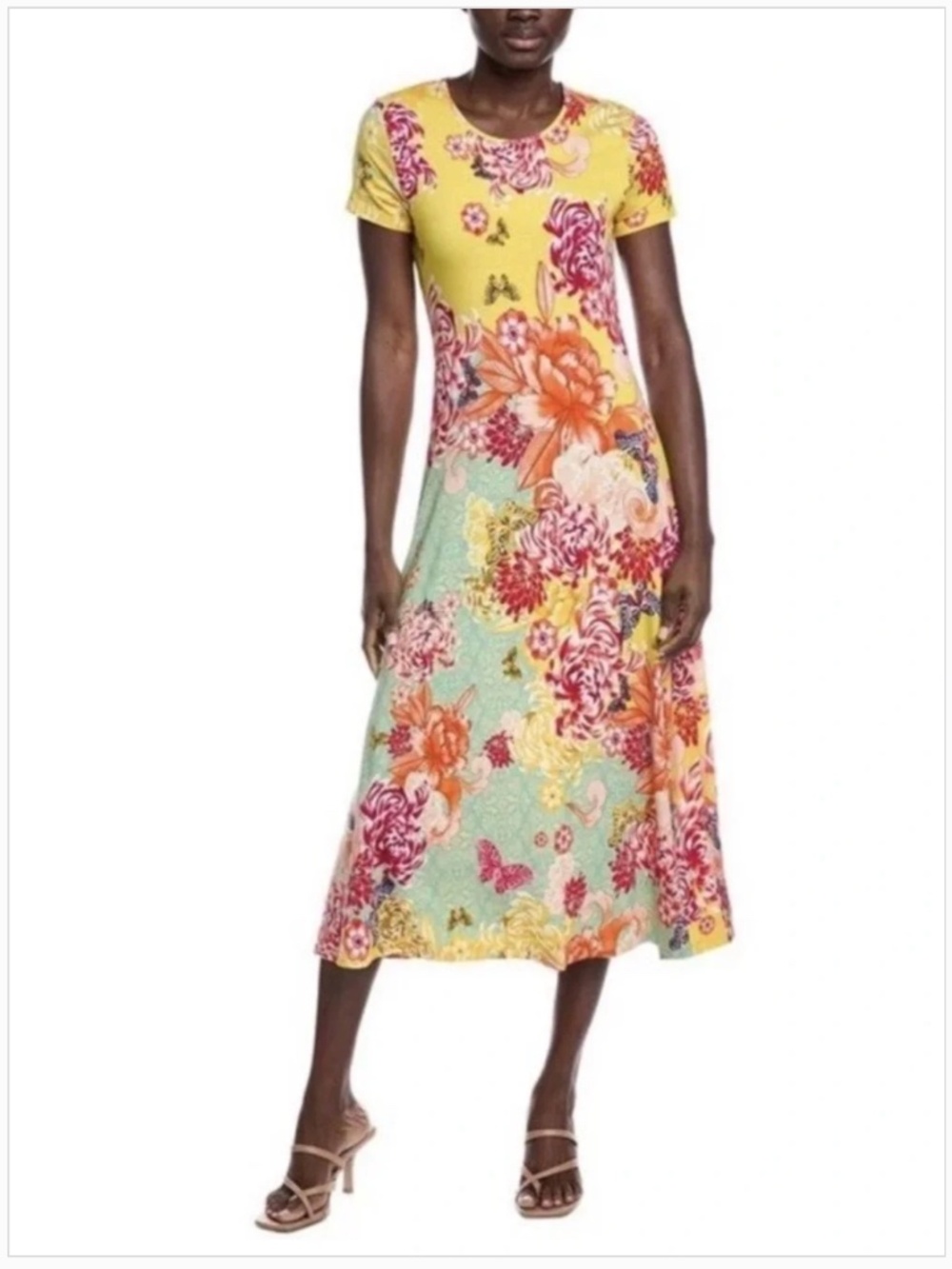 Johnny Was Janie Charlie Jersey Knit Yellow Floral Midi Cap Sleeved Dress XS
